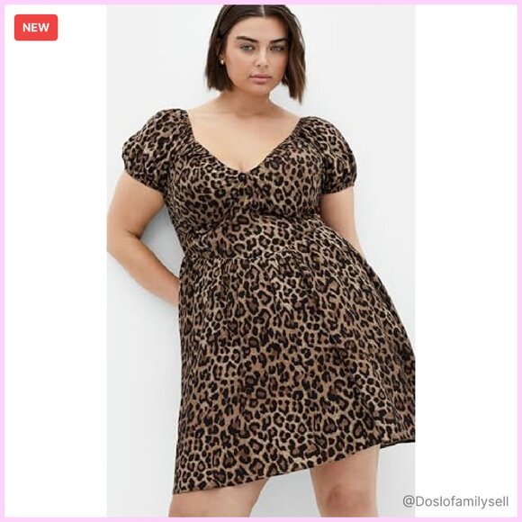 Leopard Print Mini Dress Puff Sleeves Elastic Back Pull On Chic Y2K - Picture 4 of 7